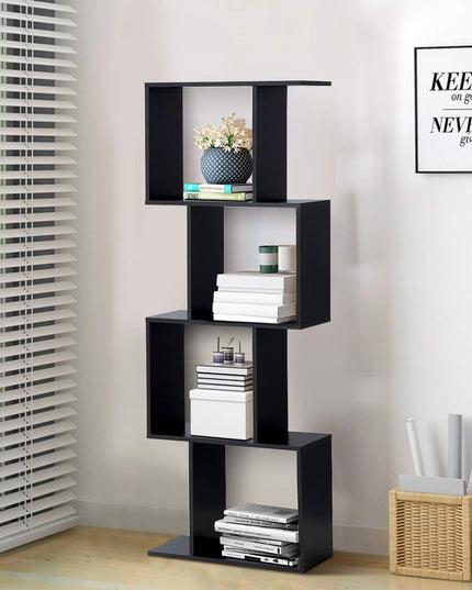 4 Tier Bookshelf S Shaped Bookcase, Multifunctional Wooden Display Decor Furniture