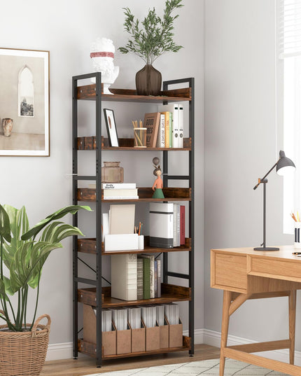 Giantex Industrial 6-Tier Bookshelf, 70" Tall Freestanding Storage Display Shelf with 4 Hooks