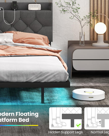 Giantex Floating Bed Frame with LED Lights, Modern Platform Bed with Adjustable Upholstered Headboard & Charging Station