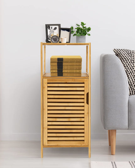 Giantex Bathroom Floor Cabinet, Bamboo Storage Cabinet w/Single Door & Open Shelves