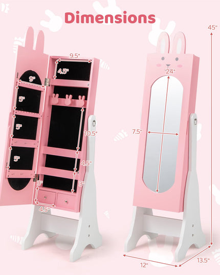 CHARMAID Kids Mirror Jewelry Cabinet - 45" Standing Jewelry Armoire with Full Length Mirror