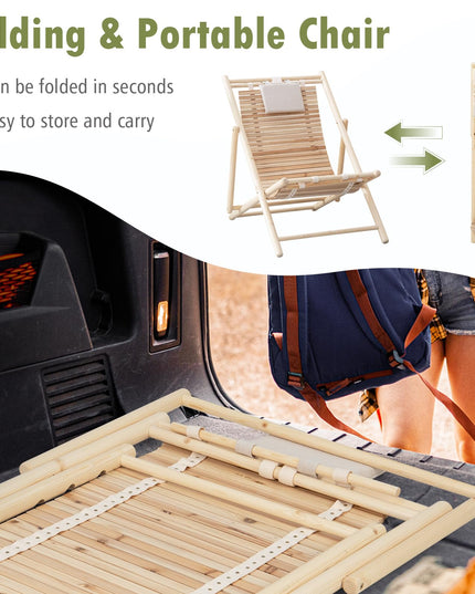 Giantex Wood Lounge Chair Outdoor - Folding Beach Chair with Detachable Headrest