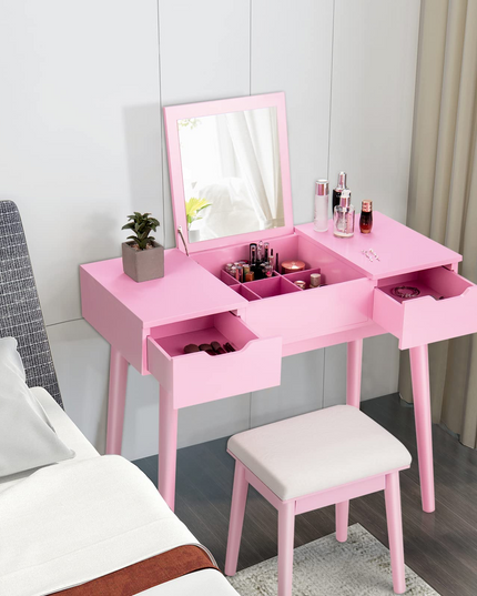 CHARMAID Vanity Set with Flip Top Mirror, 2 Drawers and 9 Storage Compartments