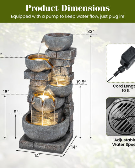 Giantex 5-Tier 33"H Cascading Stacked Stone Bowl Waterfall Fountain with LED Lights & Pump