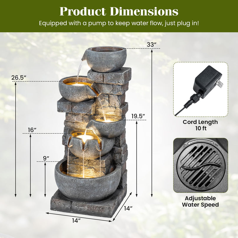 Giantex 5-Tier 33"H Cascading Stacked Stone Bowl Waterfall Fountain with LED Lights & Pump