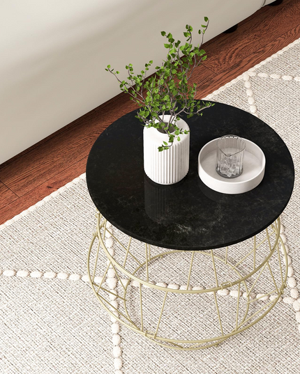 Giantex Round Coffee Table, Faux Marble Side End Table with Gold Metal Frame & Removeable Top