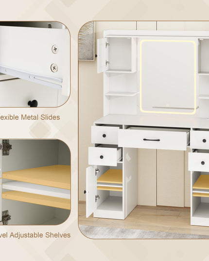 CHARMAID Vanity Desk with Mirror and Lights, White Makeup Vanity Desk with 5 Drawers
