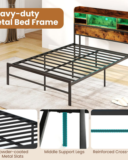 Giantex Full Size Industrial Metal Bed Frame with LED Lights & Charging Station