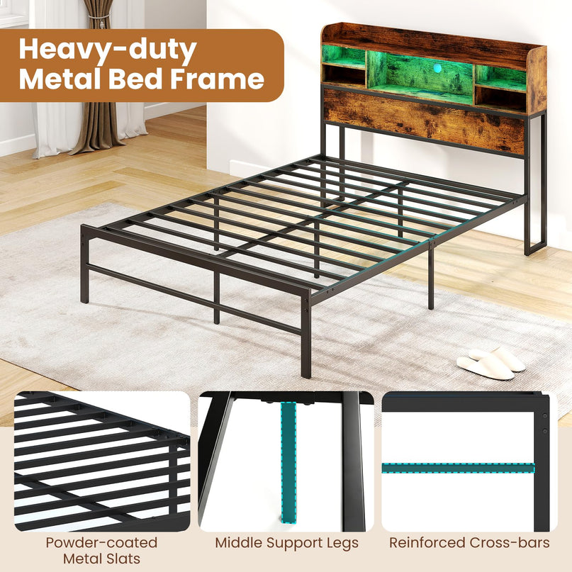 Giantex Full Size Industrial Metal Bed Frame with LED Lights & Charging Station