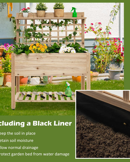Giantex Raised Garden Bed on Wheels, Wood Planter with Trellis, Black Liner Storage Shelf