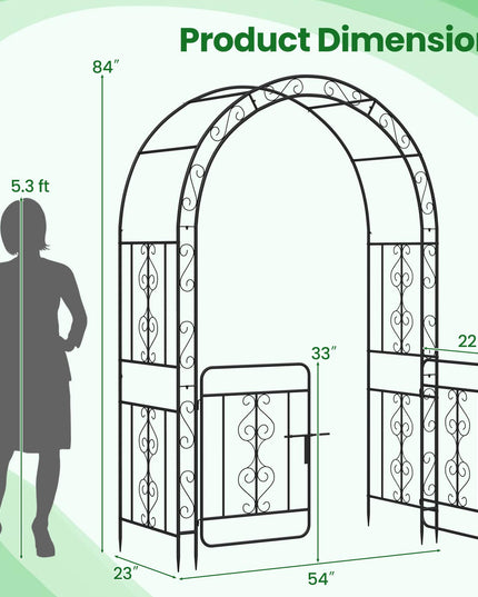Giantex Garden Arbor with Gate, 84" H x 54" W Metal Arch Trellis for Climbing Plants Rose Vines