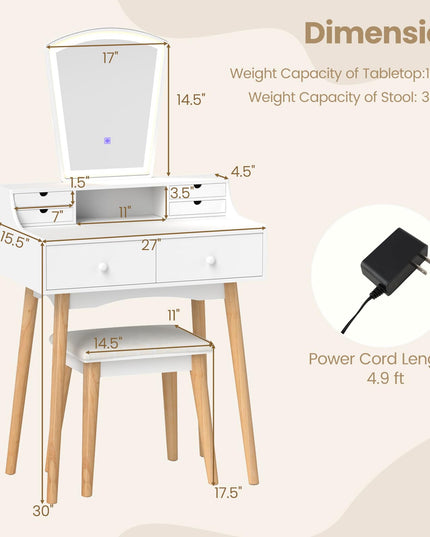 Small Vanity Desk with Mirror and Lights, White Makeup Vanity Desk with 6 Drawers