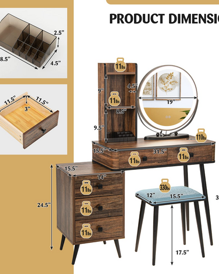 CHARMAID Vanity Table Set with 3-Color Dimmable Lighted Mirror - Giantex