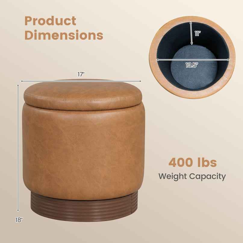 Giantex Round Ottoman with Storage 360° Swivel Faux Leather Vanity Stool