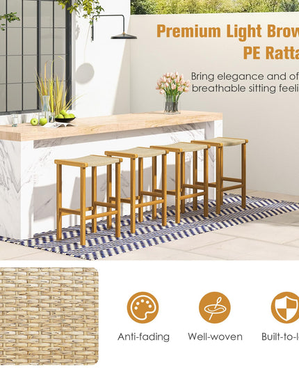 Giantex Patio Wood Bar Stools Set of 2, Acacia Wood Bar Stools w/Rattan Woven Seat