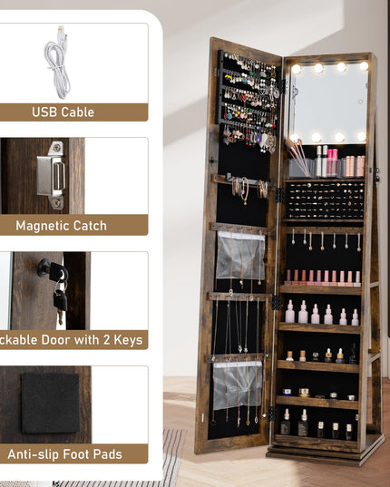 Swivel Jewelry Armoire with Full Length Mirror & Lighted Makeup Mirror