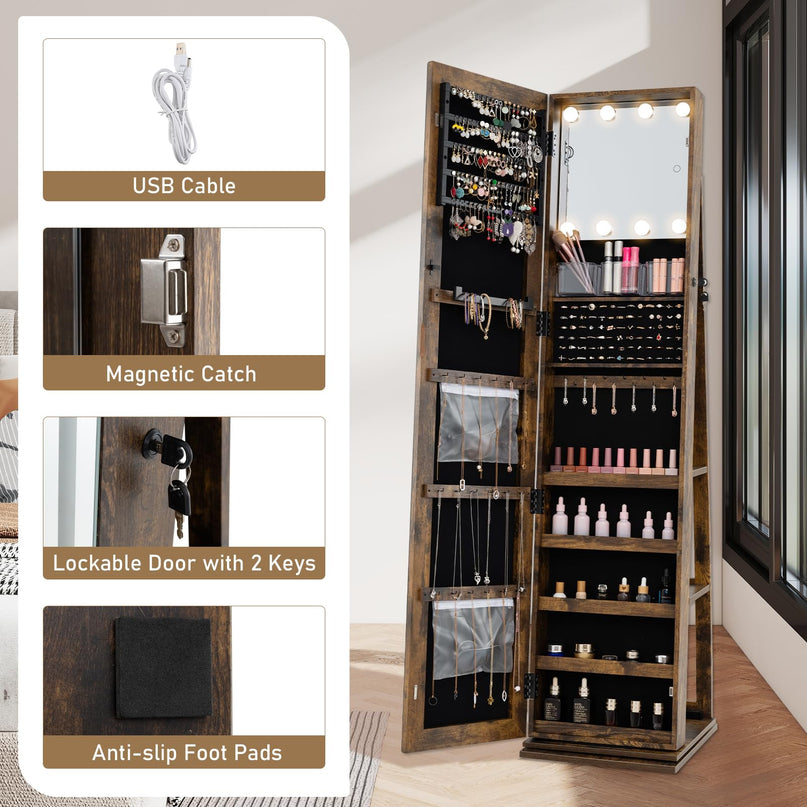 Swivel Jewelry Armoire with Full Length Mirror & Lighted Makeup Mirror