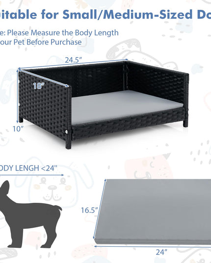 Giantex Wicker Dog Bed, Raised Woven Rattan Pet Bed Sofa Couch w/Waterproof & Washable Cushion