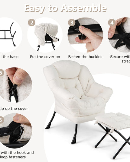 Giantex Set of 1/2 Lazy Chair with Folding Ottoman, Modern Sherpa Accent Chair w/Armrests & Pocket