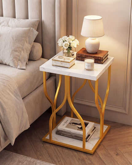 Giantex 2-Tier End Table with Storage Shelf & Gold Petal-Inspired Geometric Metal Frame