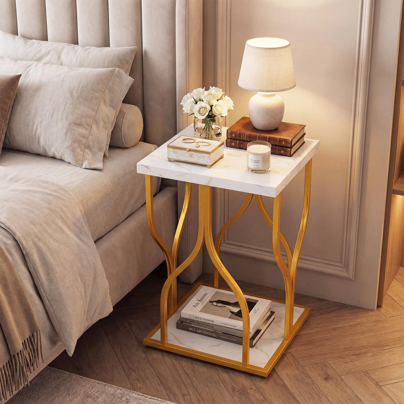 Giantex 2-Tier End Table with Storage Shelf & Gold Petal-Inspired Geometric Metal Frame