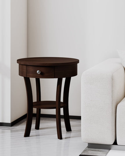 Giantex Round End Table with Drawer, 2-Tier Wood Side Table w/Open Shelf