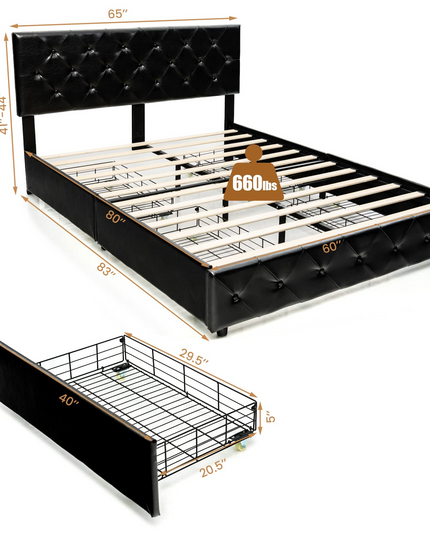 Upholstered PU Leather Platform Bed Frame w/ 4 Storage Drawers, Adjustable Headboard & Solid Wooden Slats