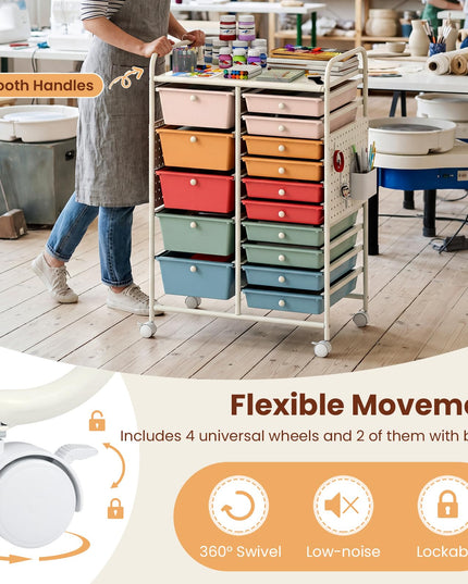 Giantex 15 Drawer Rolling Storage Cart with Metal Tabletop & Pegboard
