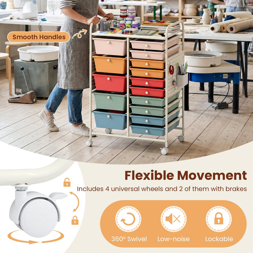 Giantex 15 Drawer Rolling Storage Cart with Metal Tabletop & Pegboard