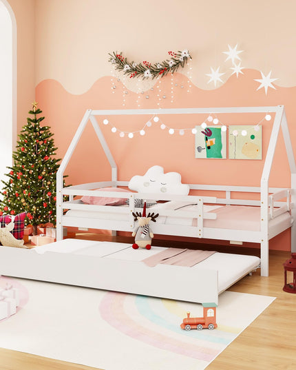 Giantex Twin House Bed with Trundle, Wood Kids Bed Frame with Roof & Fence Rails