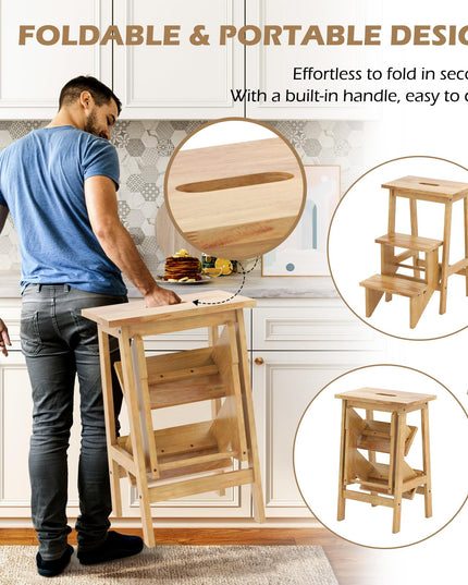 Giantex Folding 3 Tier Step Ladder, Multipurpose 3-in-1 Wood Step Stool with Anti-Slip (Natural)