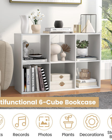 Giantex 6-Cube Bookcase, White Cubby Bookshelf w/Back Guardrail & Anti-Tipping Kits