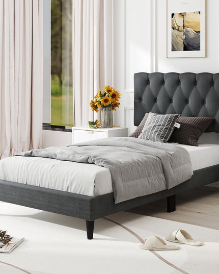 Modern Upholstered Platform Bed Frame with Diamond Tufting Headboard