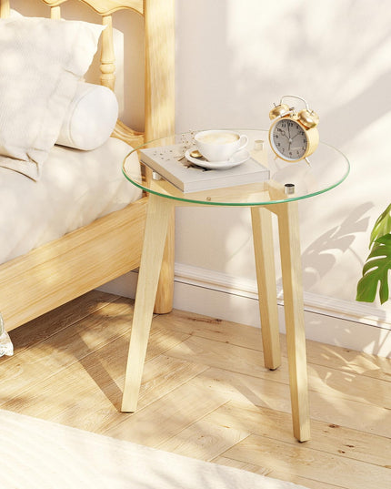 Giantex Modern Round Bedside Nightstand with Clear Tempered Glass Top & Rubber Wood Legs