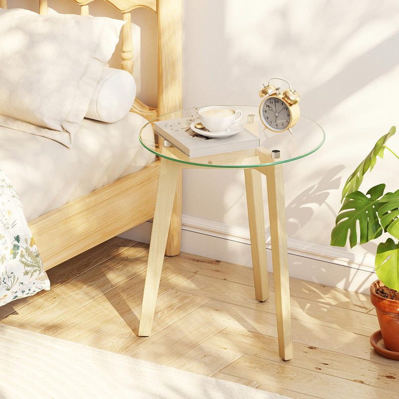 Giantex Modern Round Bedside Nightstand with Clear Tempered Glass Top & Rubber Wood Legs