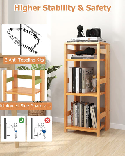 Giantex 4-Tier Bookshelf, 34.5" Floor Storage Shelf w/Rubber Wood Frame, Anti-Toppling Kits, 14" x 13" x 34.5"