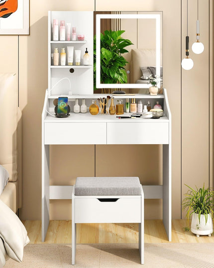 CHARMAID White Vanity Desk with LED Lighted Mirror