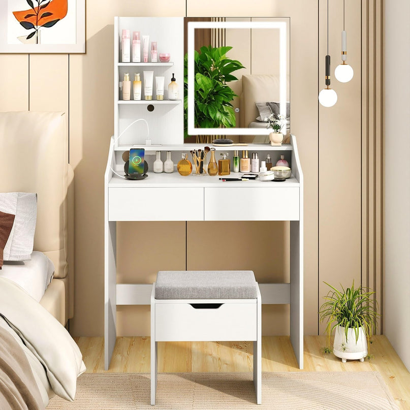 CHARMAID White Vanity Desk with LED Lighted Mirror