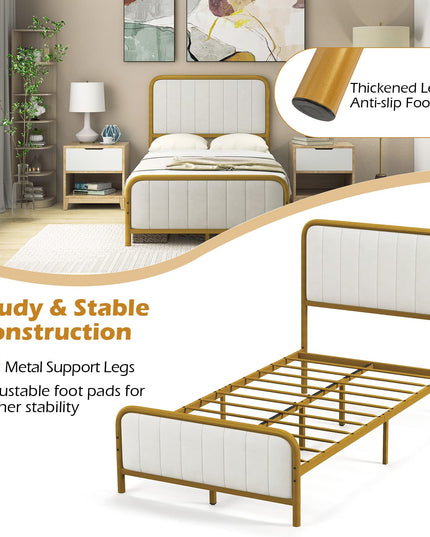 Giantex Twin Size Gold Bed Frame with Velvet Headboard and Footboard, Heavy-duty Metal Slats Support Mattress Foundation