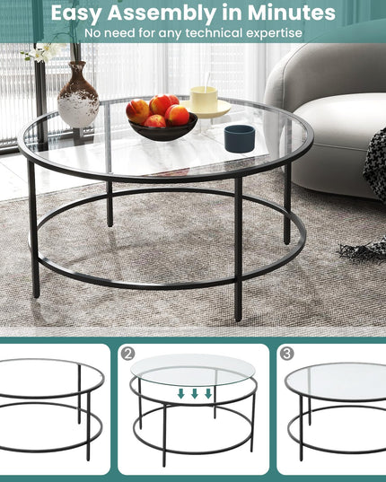 Giantex 35.5”D Round Coffee Table - Modern Coffee Table with Tempered Glass Tabletop