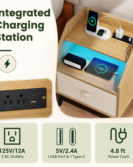 GIANTEX Modern LED Nightstand w/Charging Station & Fabric Drawer