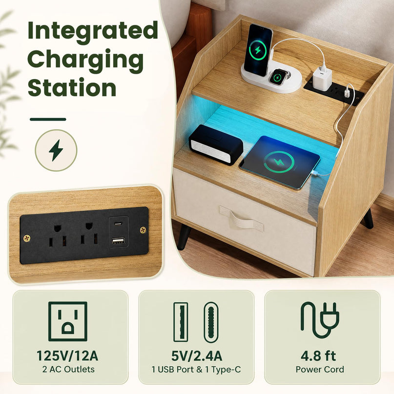 GIANTEX Modern LED Nightstand w/Charging Station & Fabric Drawer