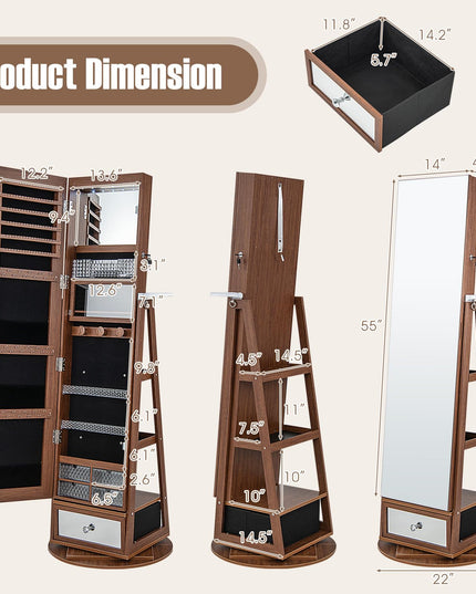 360° Swivel Jewelry Cabinet Armoire with 64.5" H Full Length Mirror - Giantex