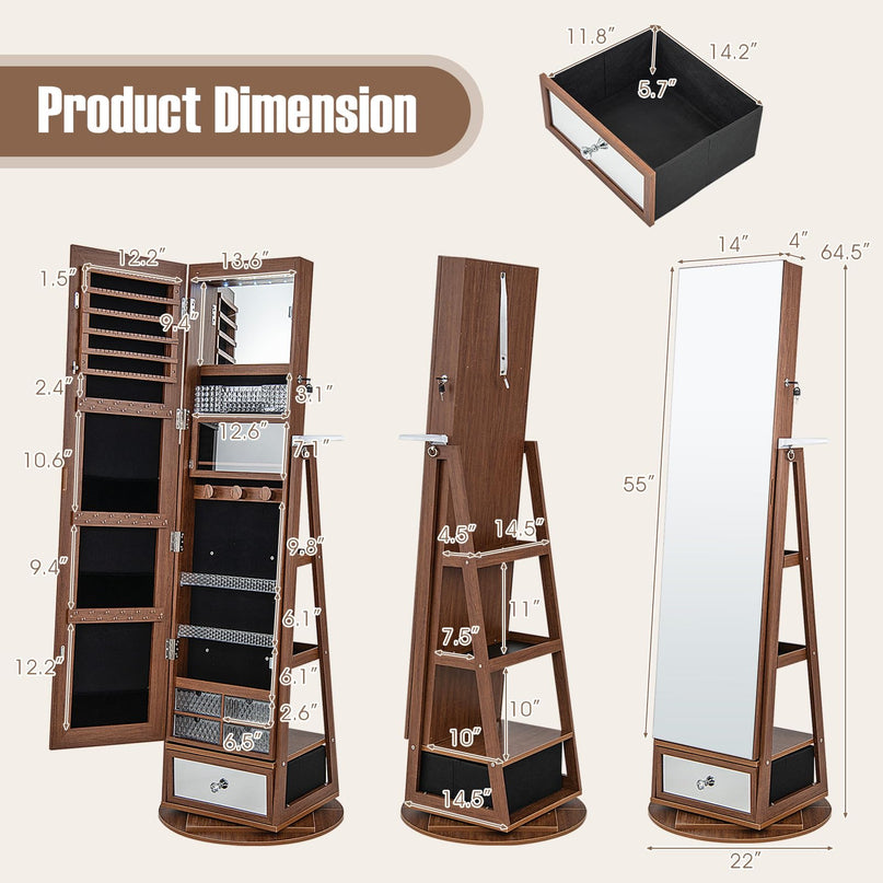360° Swivel Jewelry Cabinet Armoire with 64.5" H Full Length Mirror - Giantex
