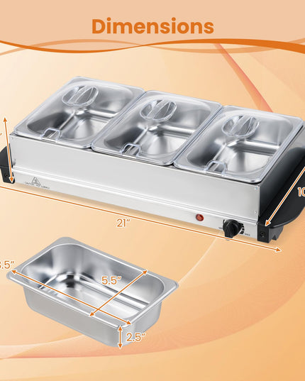 Giantex 3 Stainless Steel Pans with Lid | Electric Buffet Server & Warming Tray