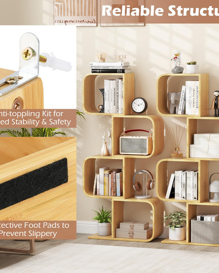 Giantex 4-Tier S-Shaped Bamboo Bookshelf with 4 Open Cubes