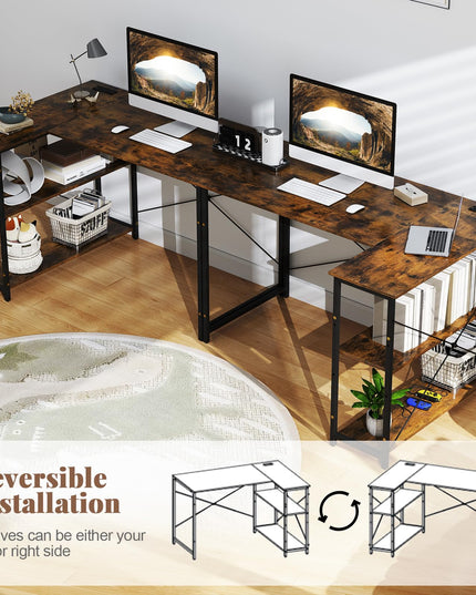 Giantex 47 Inch Reversible Computer Desk with Adjustable Storage Shelves & Metal Frame