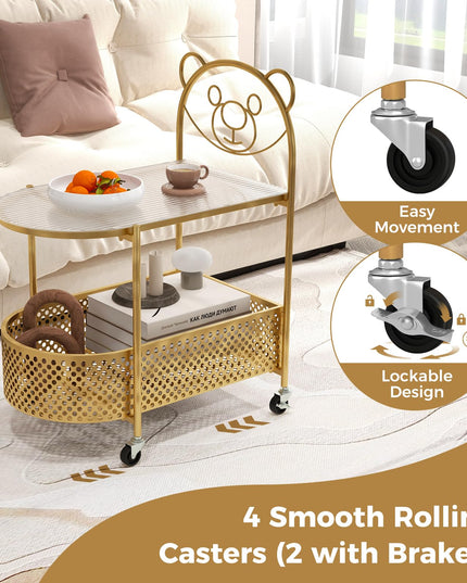 Giantex Mobile Glass Coffee Table, 2-Tier Modern Cocktail Table with Bear Pattern, Storage Basket & Metal Frame
