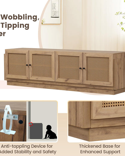Giantex Farmhouse TV Stand for TVs up to 75”, 4-Door PE Rattan Entertainment Center