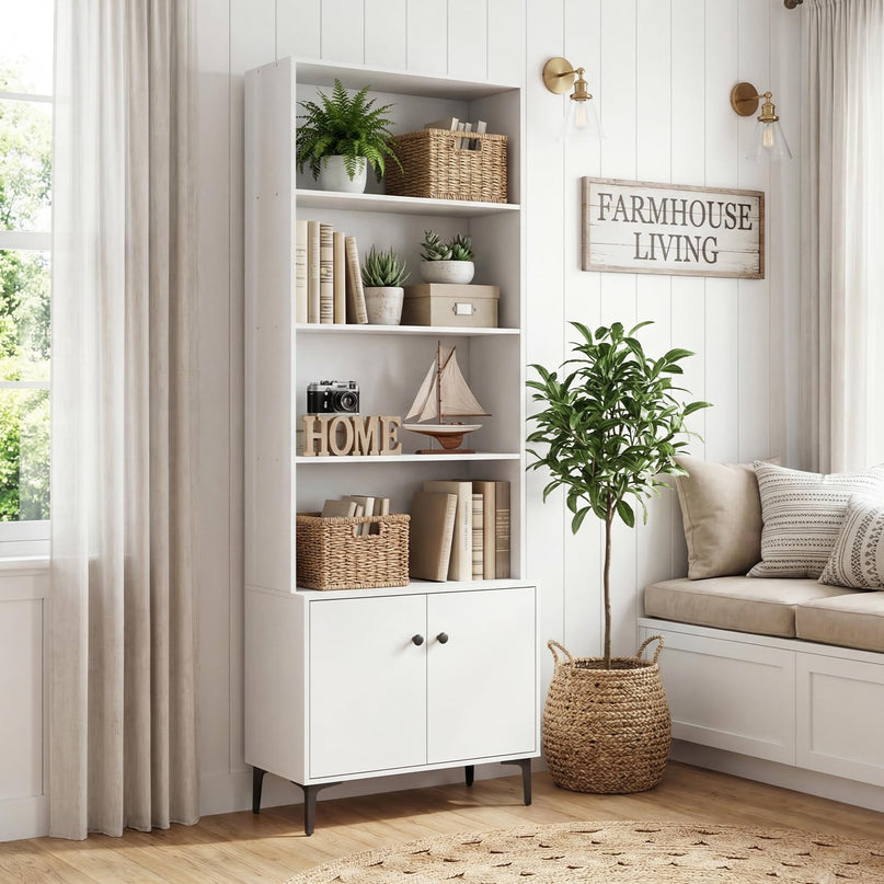 Giantex 68.5" Tall Bookcases with 2 Doors | Floor Standing 5 Tier Bookshelf Display Shelves